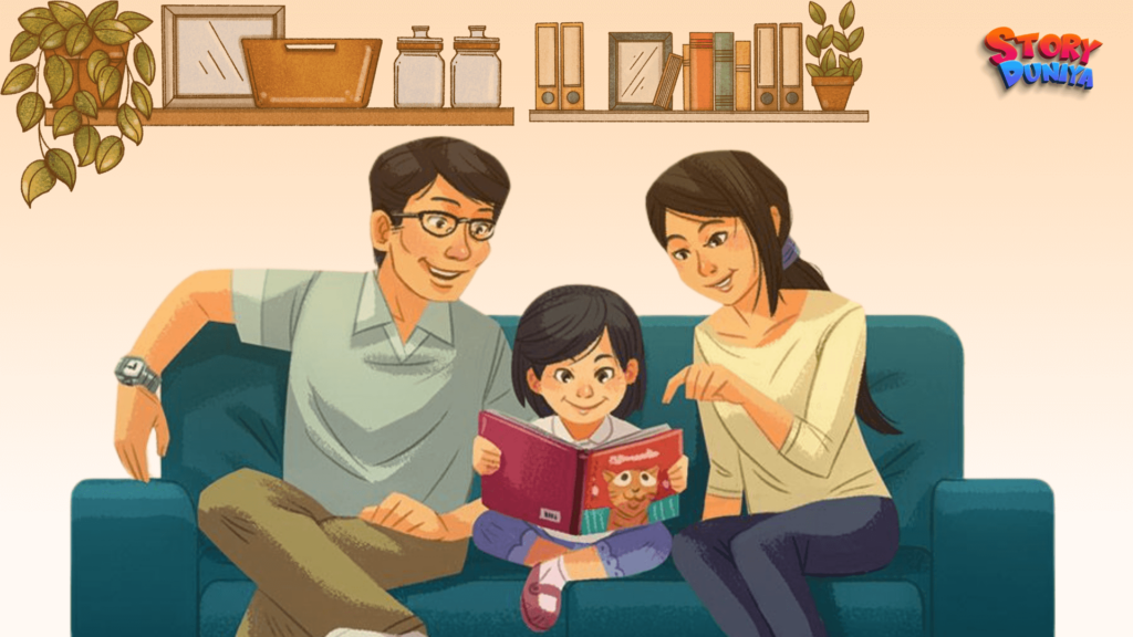 Parents and kid reading story book together